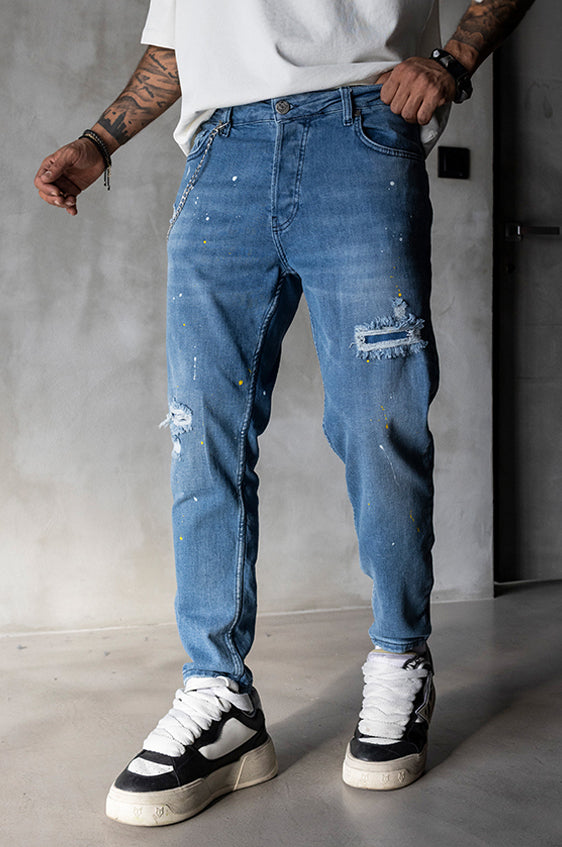 Blugi slim fit cu lant, rupturi si efect stropit (cod 6725)